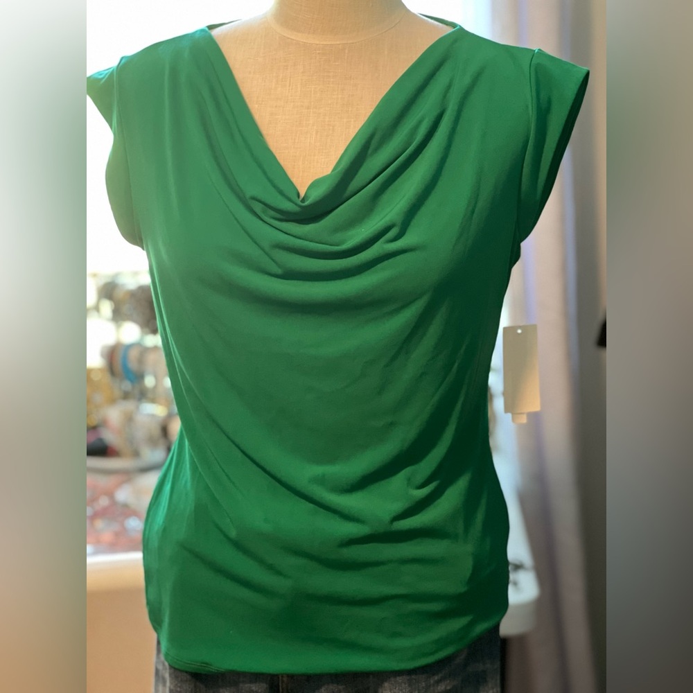 NWT Grace Kelly Green Drape Neck Top Cap Sleeve Large